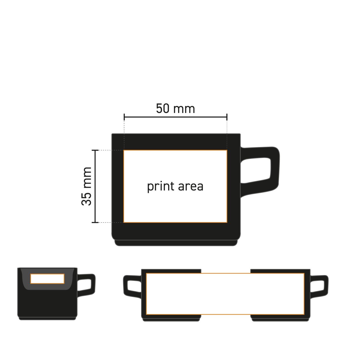 Technische Arbeitszeichnung der Blackwell Espresso Cup 9 cl mit Angabe der Druckfläche für Logos.