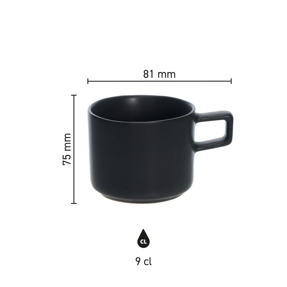 Übersicht mit Abmessungen der Blackwell Espressotasse 9 cl aus Porzellan, einschließlich Höhe und Durchmesser.