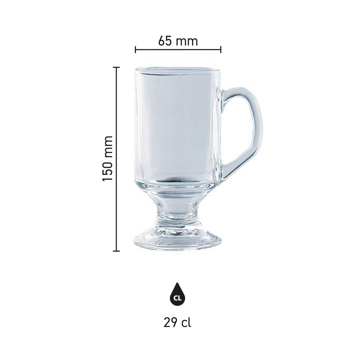 Die Infografik zeigt die Produktabmessungen von Bockbierglas 29 cl mit Höhe und Durchmesser.