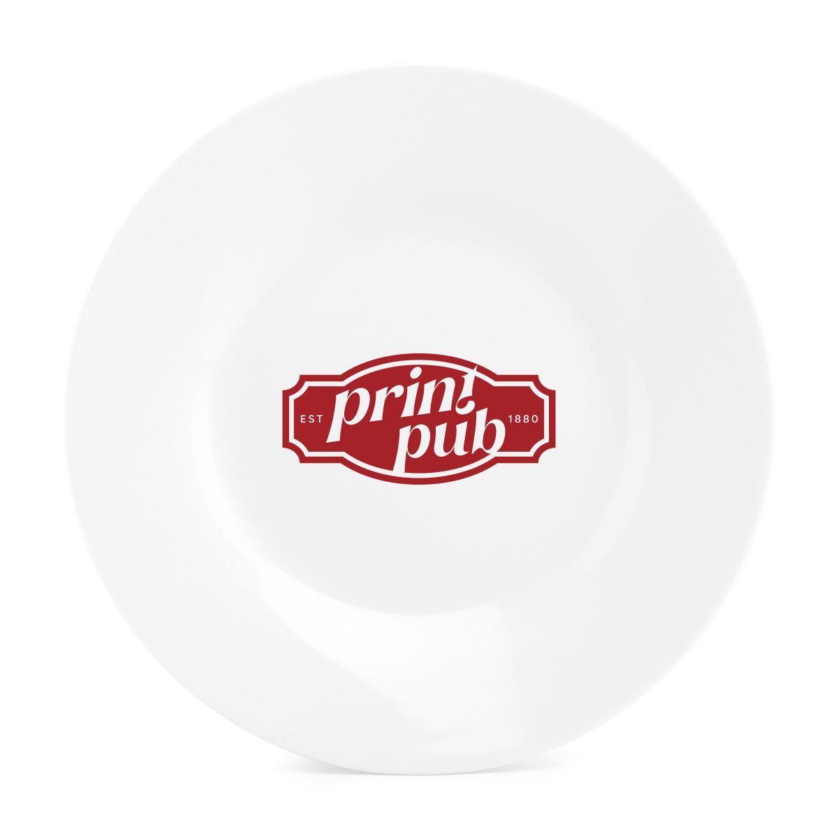 Teller Basic line 24 cm Porzellan mit rotem PrintPub-Logo in einer Farbe auf der Vorderseite.
