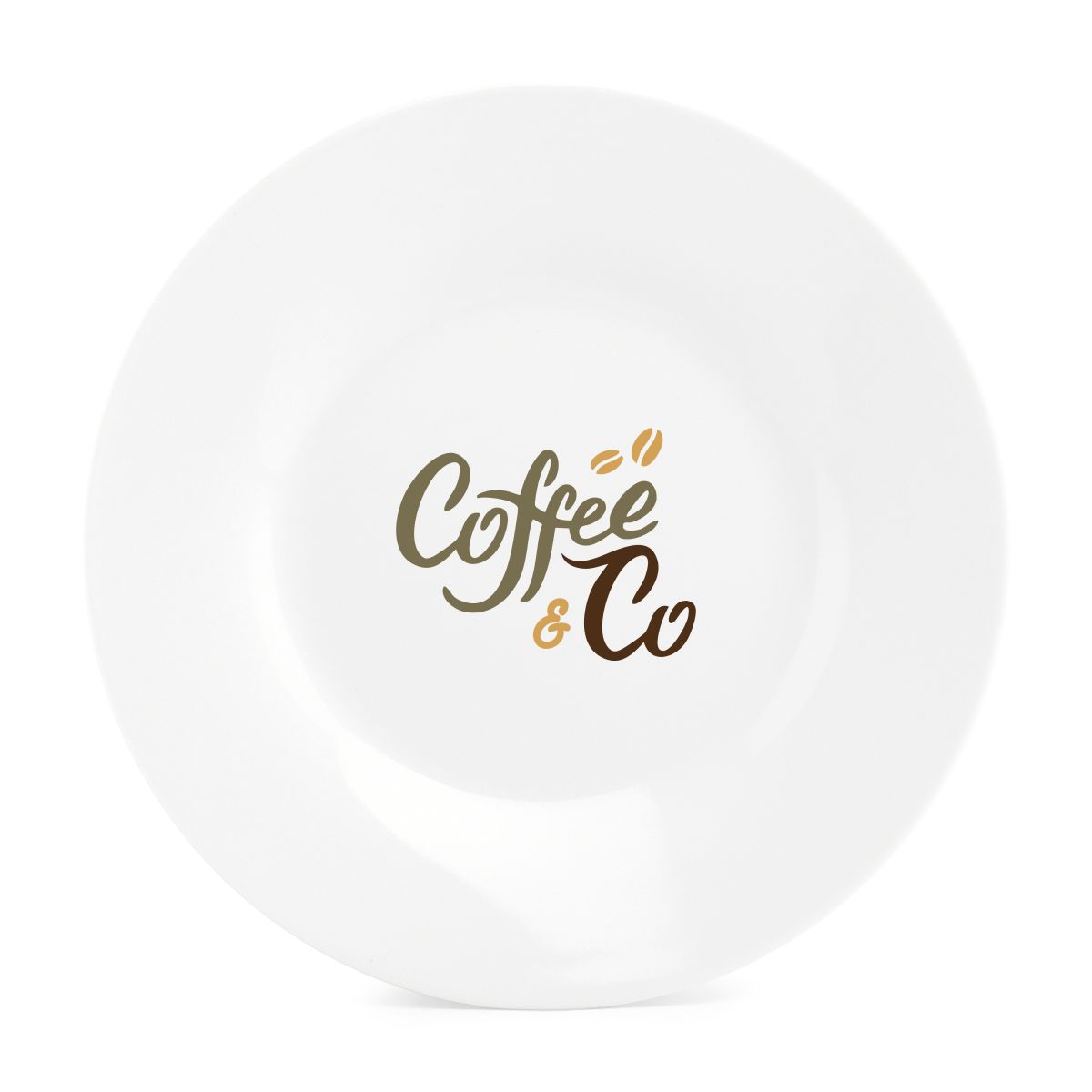Porzellanteller Basic 24 cm mit mehrfarbigem CoffeeCo-Logo in der Mitte der Vorderseite.