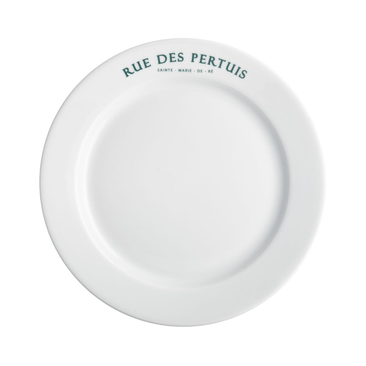 Weißer Teller mit breitem Rand, 24 cm, aus Porzellan, mit einfarbigem Logo von Rue des Pertuis am Rand