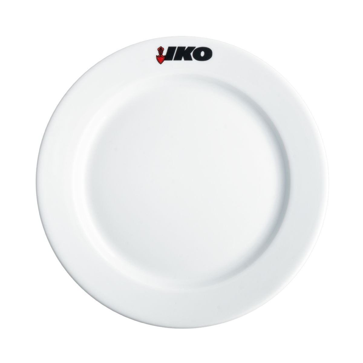 Weißer Teller mit breitem Rand, 24 cm, aus Porzellan, mit mehrfarbigem Iko-Logo am Rand