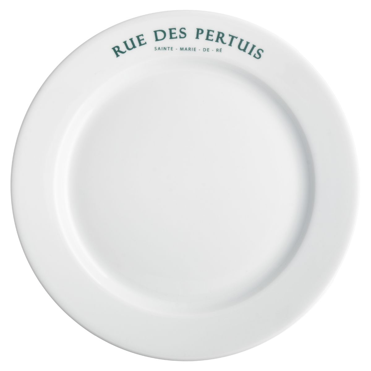 Weißer Teller mit breitem Rand, 30,5 cm, aus Porzellan, mit einfarbigem Logo von Rue des Pertuis am Rand