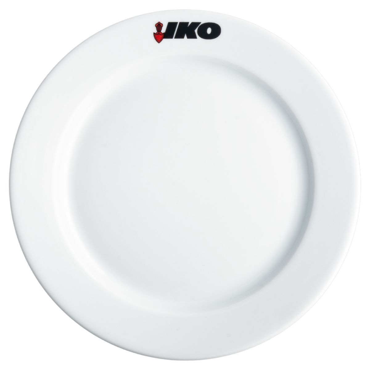 Weißer Teller mit breitem Rand, 30,5 cm, aus Porzellan, mit mehrfarbigem Iko-Logo am Rand