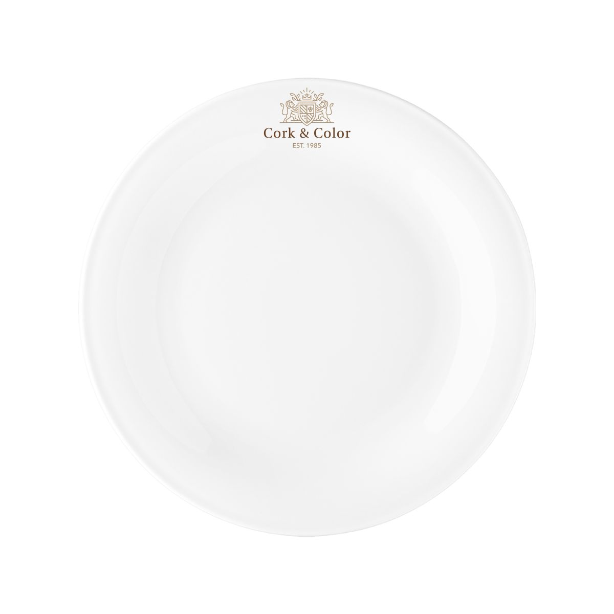 Teller Coup 21 cm Porzellan mit mehrfarbigem CorkColor-Logo auf der Vorderseite