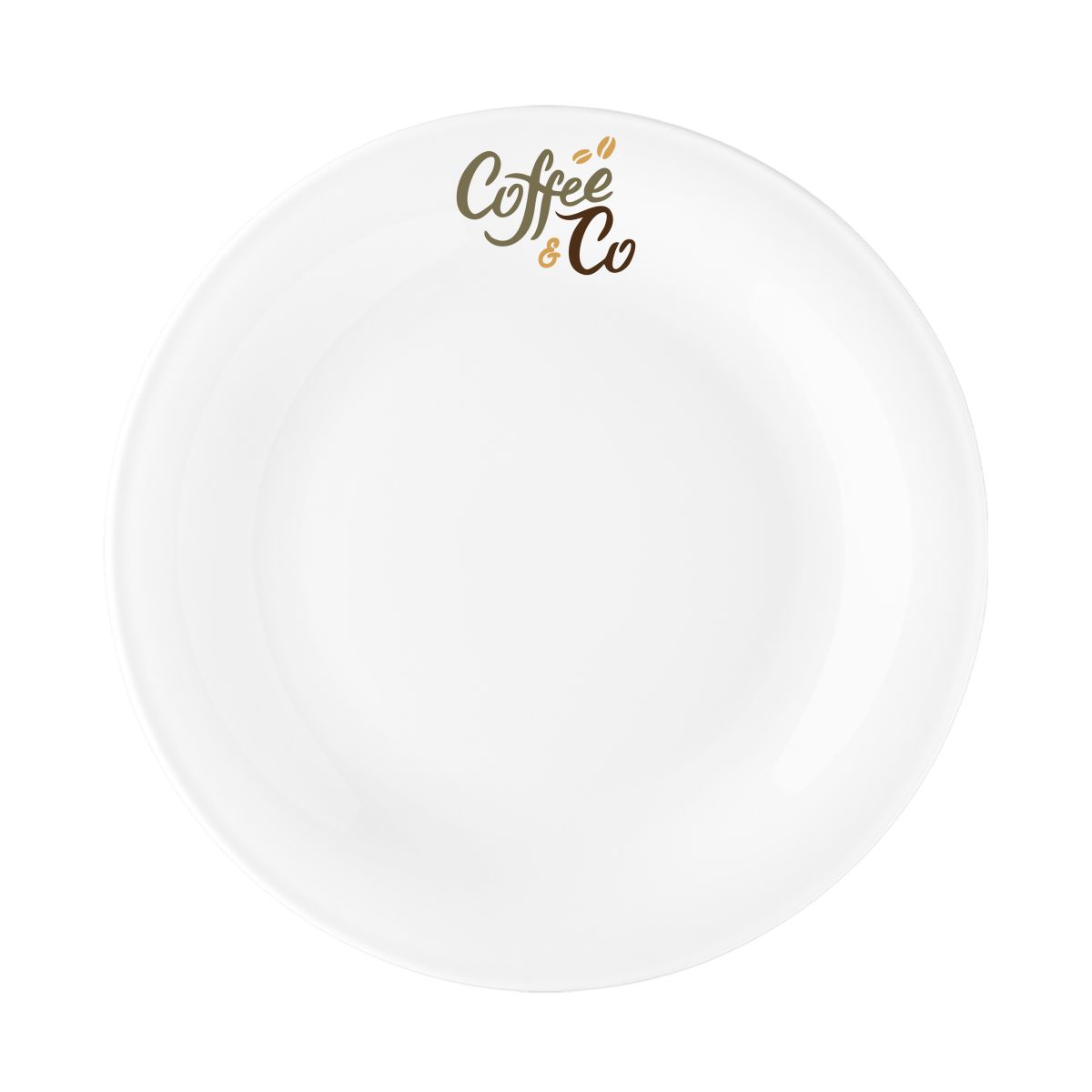 Teller Coup flach 24 cm Porzellan mit mehrfarbigem CoffeeCo-Logo auf der Vorderseite