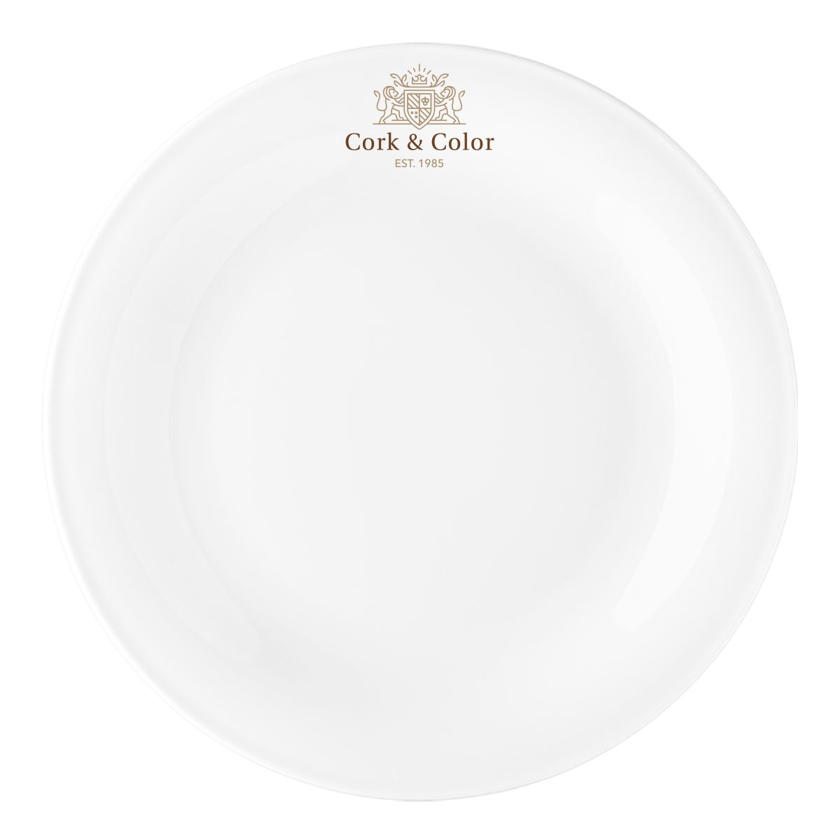 Teller Coup 28 cm weißes Porzellan mit mehrfarbigem CorkColor-Logo auf der Vorderseite