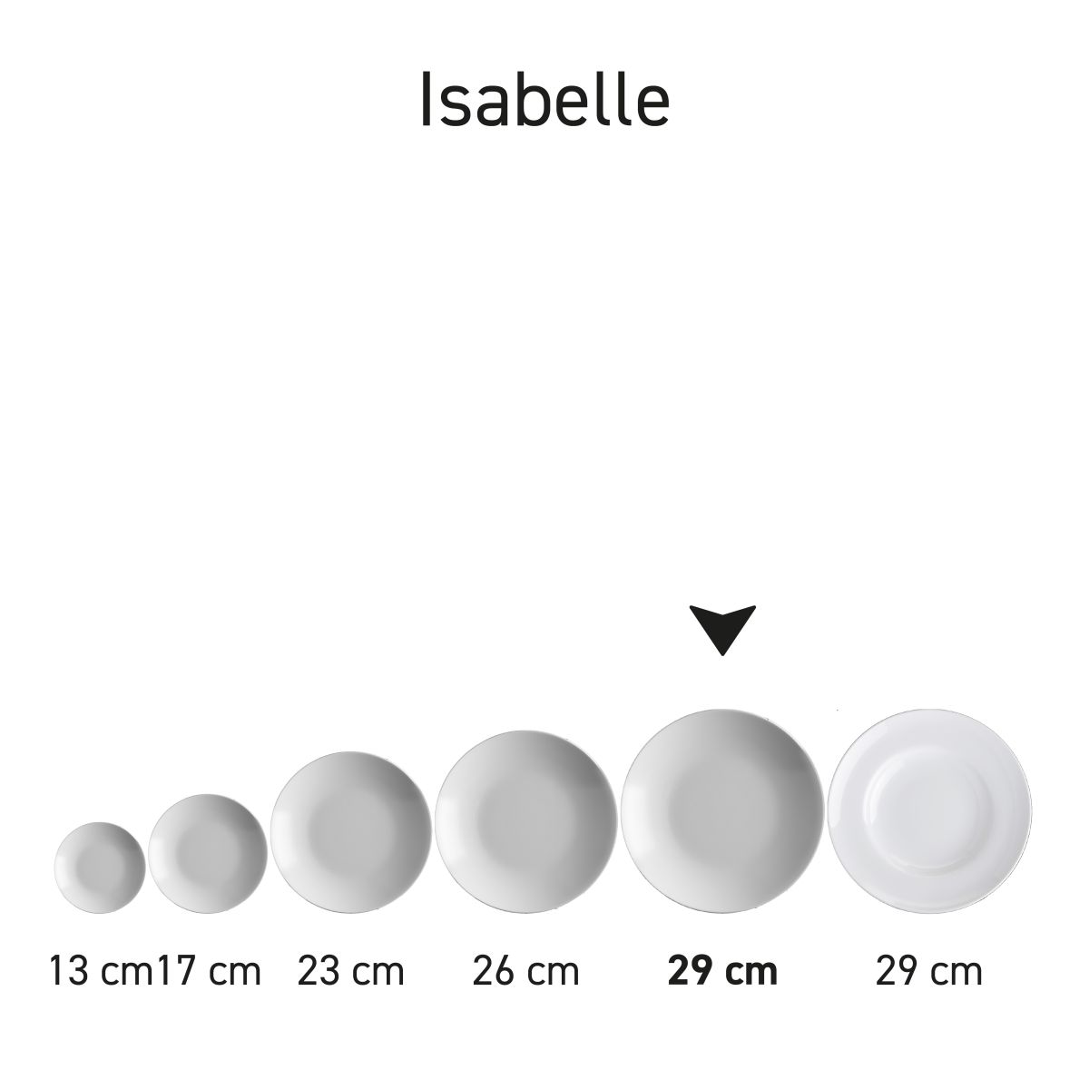 Serienanordnung von Isabelle tiefen Tellern aus Porzellan in einer kompletten Geschirrpräsentation.