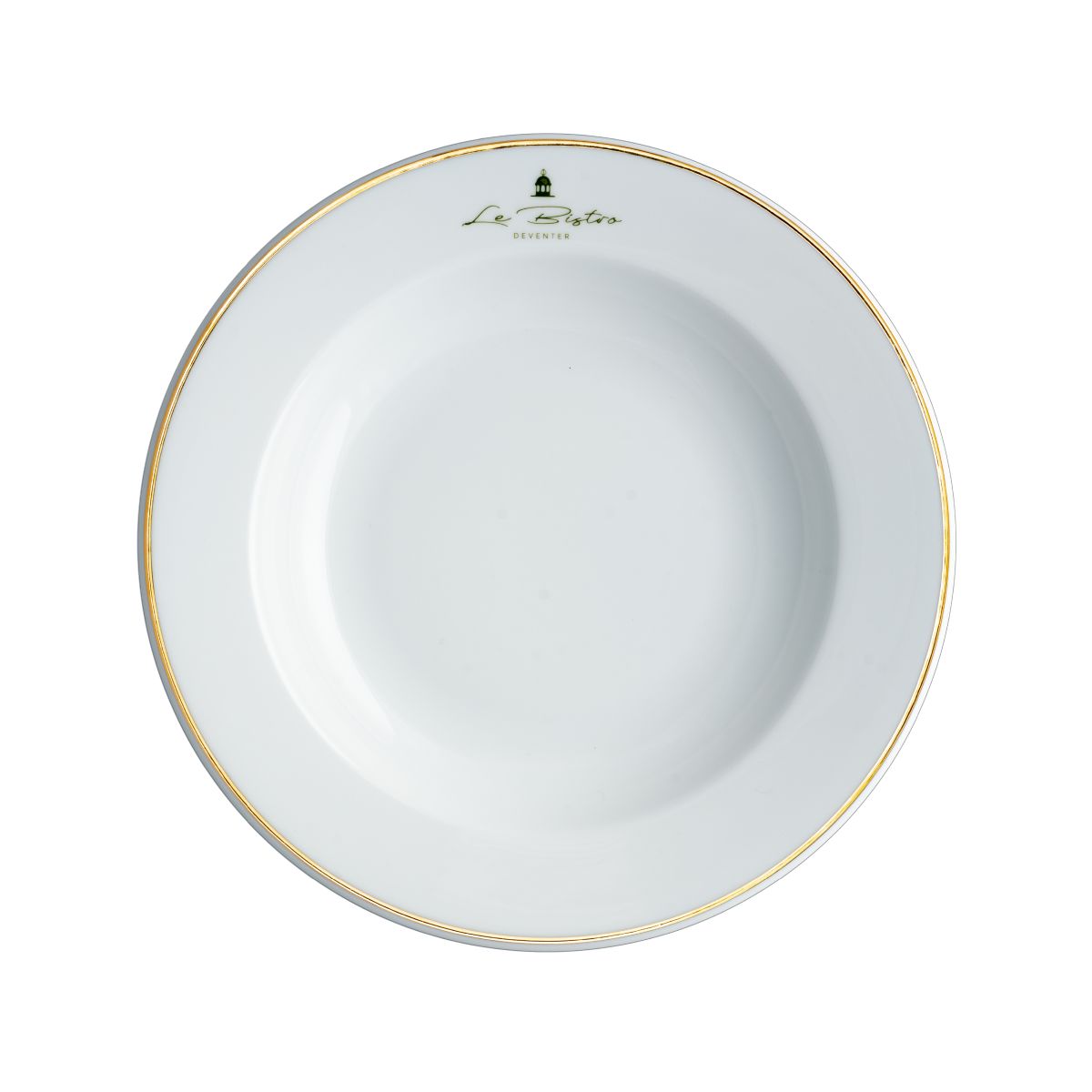 Teller „Princip“, 23 cm tief, aus Porzellan, mit einfarbigem Logo von Le Bistro Deventer auf der Vorderseite