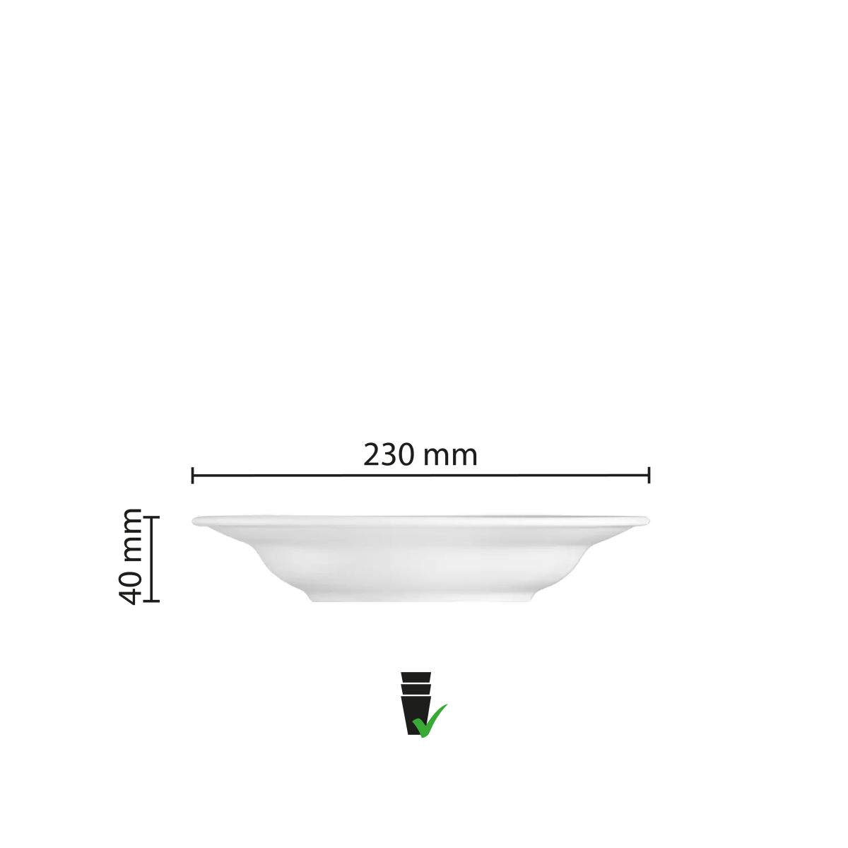 Infografik mit den Abmessungen der tiefen Princip-Platte 23 cm, einschließlich Durchmesser und Tiefe.