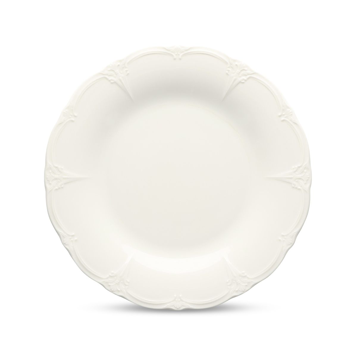 Weißer Porzellanteller Retro, 21,5 cm in der Vorderansicht, mit glatter Oberfläche und dezent erhöhtem Rand.