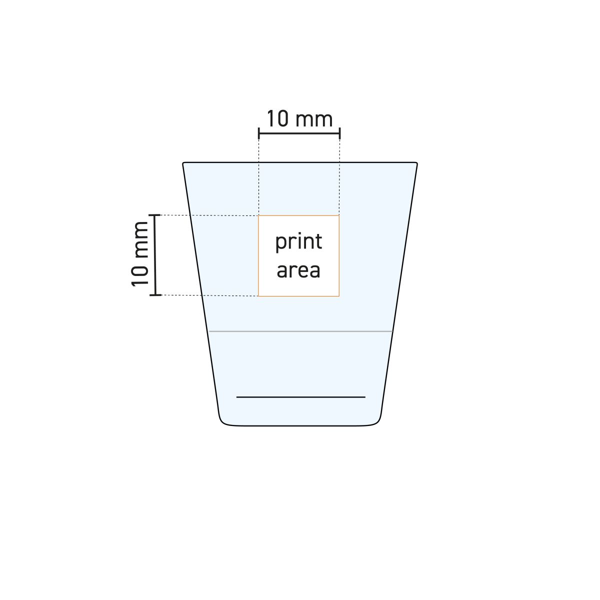 Technische Arbeitszeichnung des Schnapsglas Grande S Stapelbar 7,2 cl. mit Markierung der Druckfläche für das Logo.