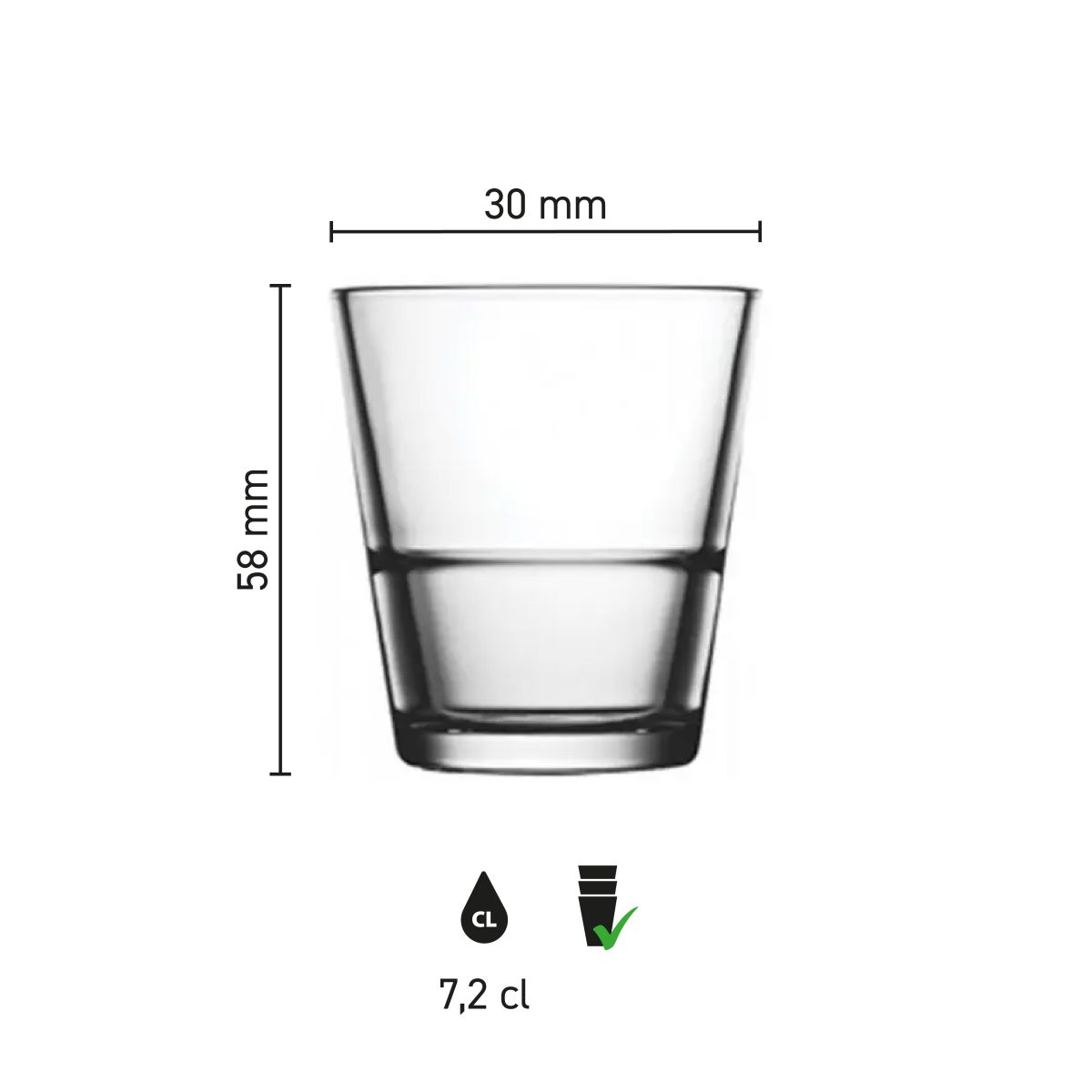 Infografik zu den Abmessungen des stapelbaren Schnapsglases Grande S 7,2 cl: Höhe, Durchmesser und Inhalt
