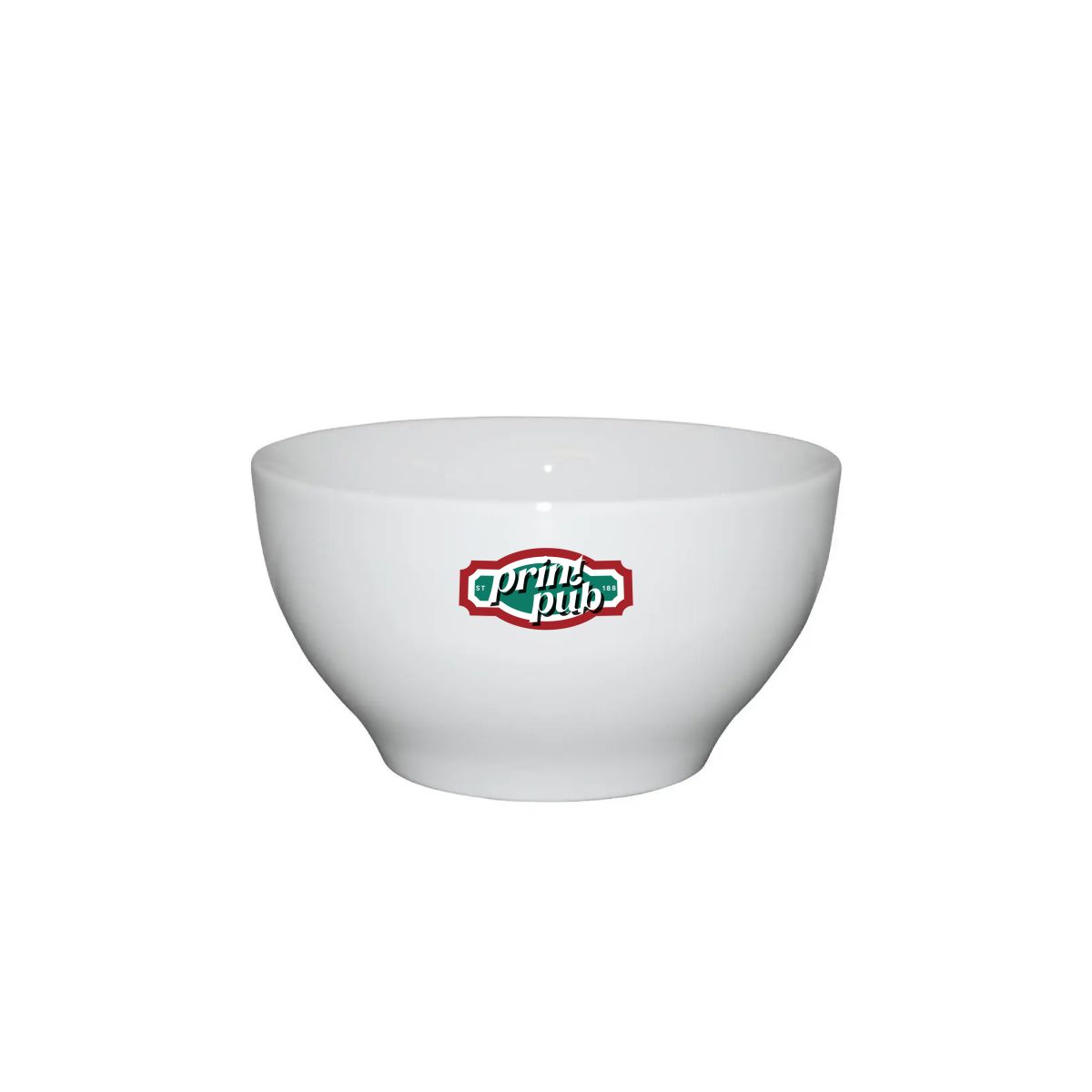 Schale aus weißem Porzellan 13,5 cm, bedruckt mit mehrfarbigem PrintPub-Logo auf der Vorderseite.