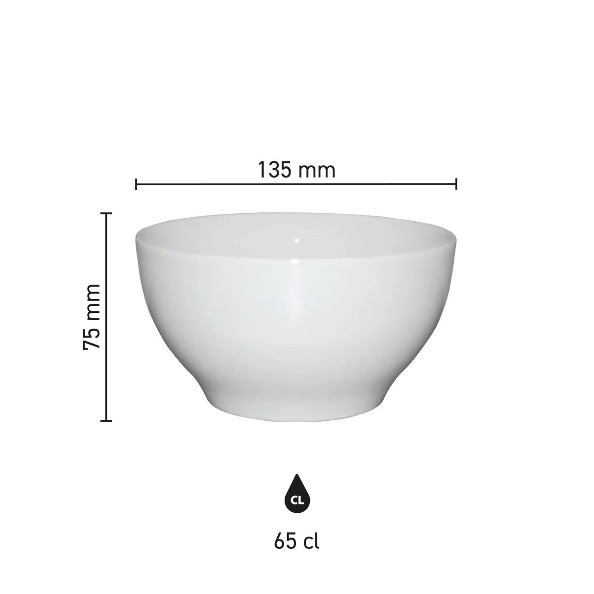 Infografik mit Produktabmessungen der Schale aus weißem Porzellan 13,5 cm: Durchmesser, Höhe und Inhalt