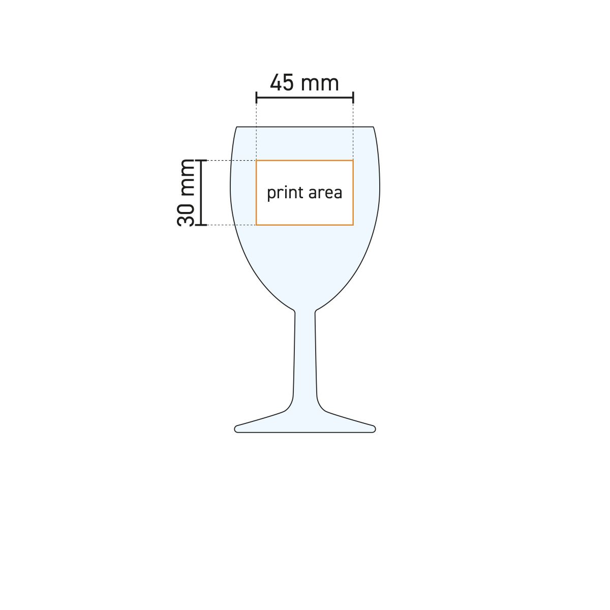 Technische Zeichnung des Weinglases Brasserie 19,5 cl. mit Druckfläche für Logodruck oder Gravur.