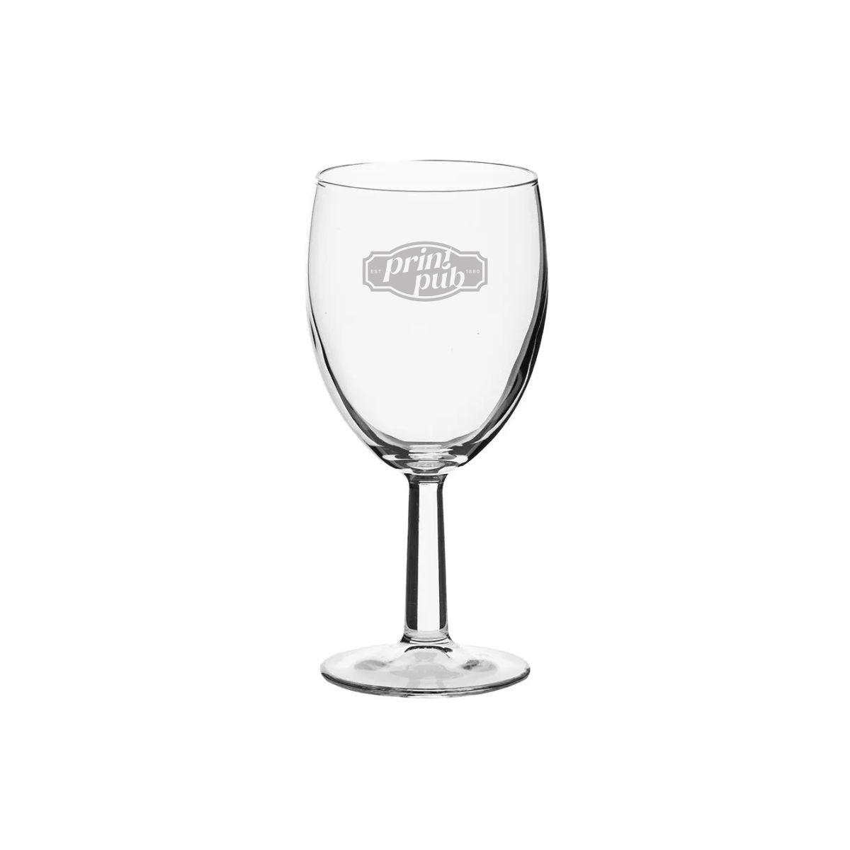 Fein graviertes PrintPub-Logo auf Brasserie-Weinglas 19,5 cl, sichtbar auf der Vorderseite des Glases.