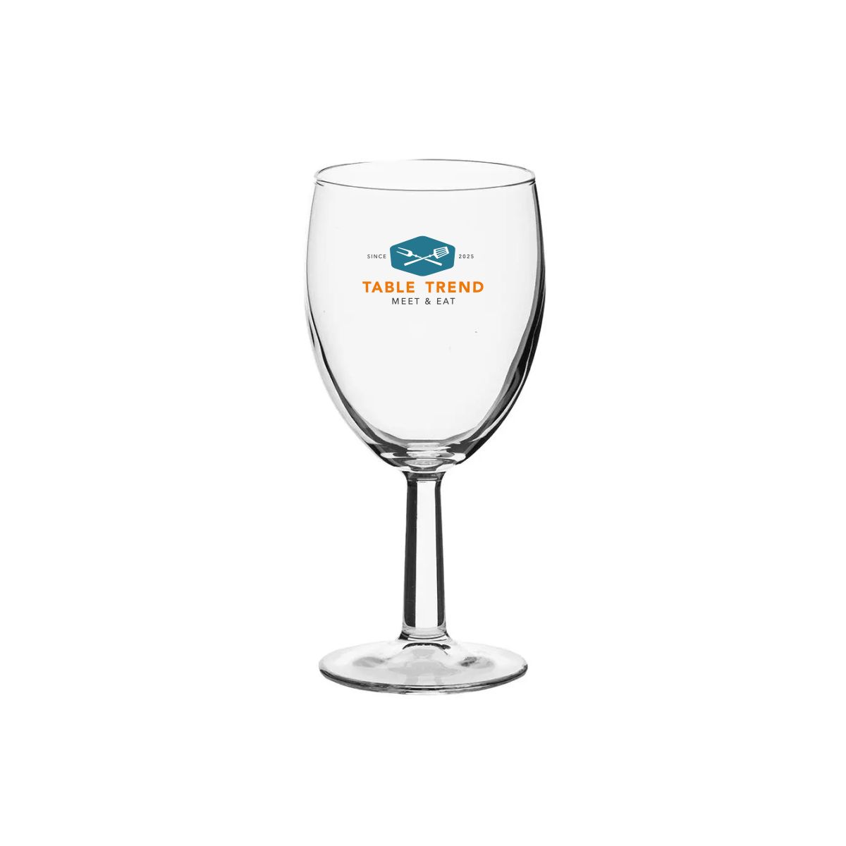 Vorderseite des Weinglases Brasserie 19,5 cl. mit mehrfarbigem TableTrend-Logo in der Mitte des Glases.