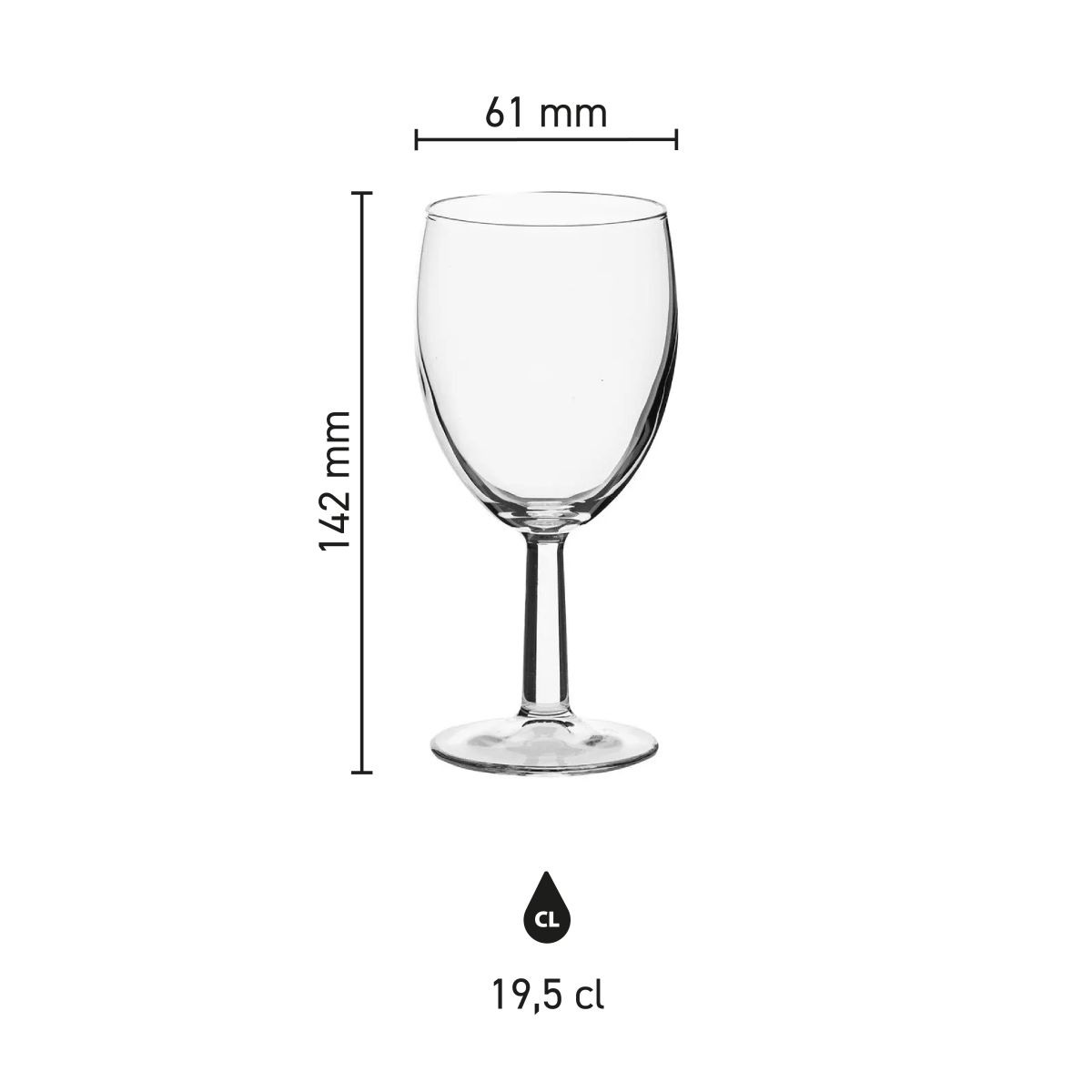 Infografik mit den Abmessungen des Weinglases Brasserie 19,5 cl. zeigt Höhe, Kelchbreite und Fassungsvermögen.