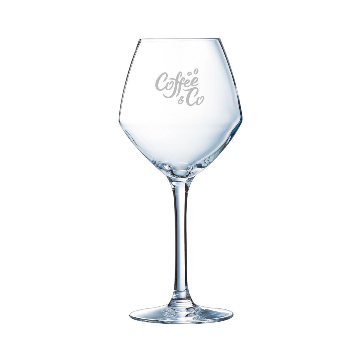 Glas Cabernet junges Weinglas 35 cl mit feiner Gravur des CoffeeCo Logos auf der Vorderseite.
