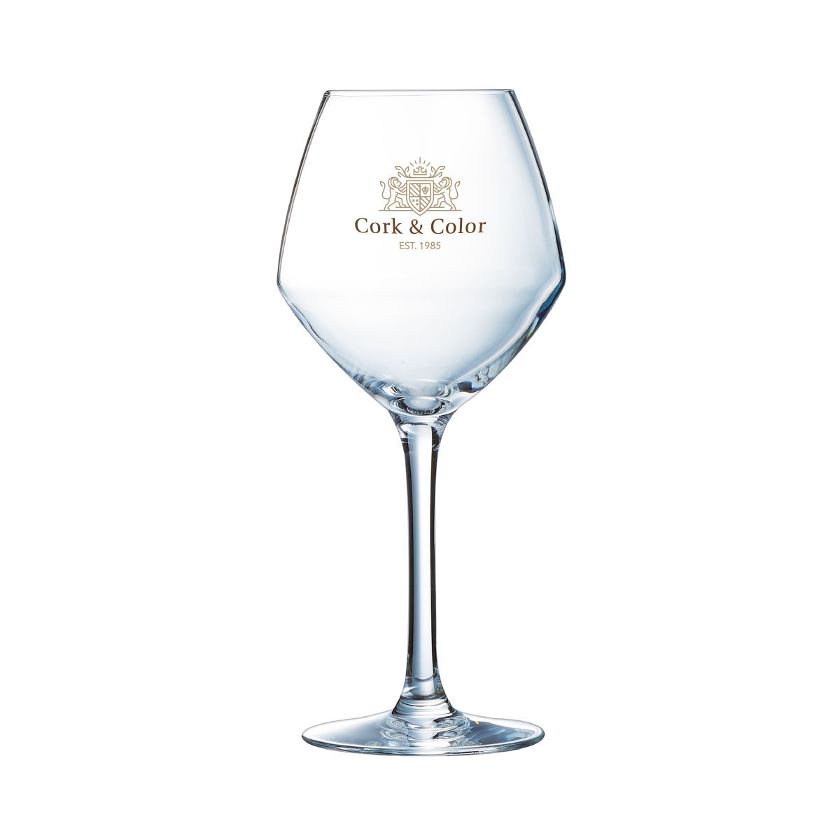 Cabernet Jungweinglas 35 cl mit mehrfarbigem CorkColor-Logo auf der Vorderseite des Glases.