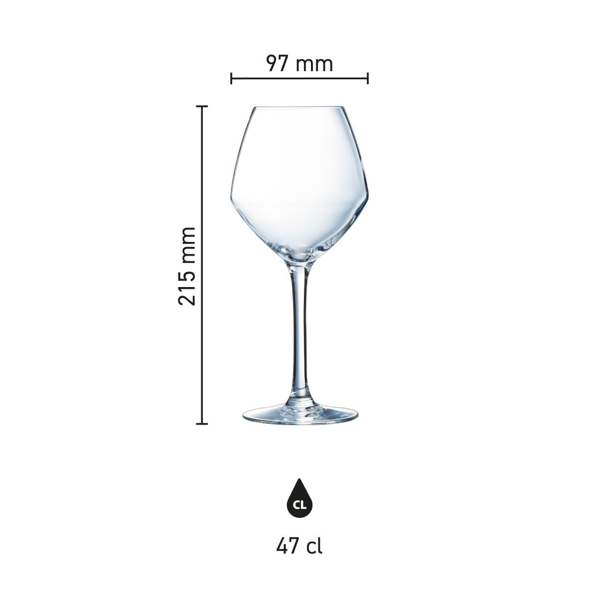 Bild mit Abmessungen des Cabernet Jungweinglases 47 cl, dargestellt im Infografik-Stil.
