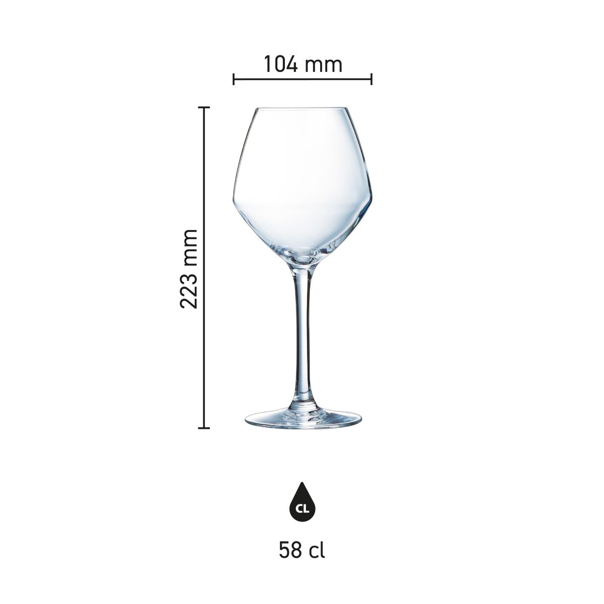 Übersicht über die Abmessungen des Cabernet Jungweinglases 58 cl in grafischer Darstellung.