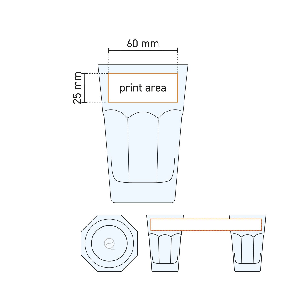 Technische Arbeitszeichnung des Casablanca Latte Glases 29,5 cl. (120 mm) mit angegebenem Druckbereich.