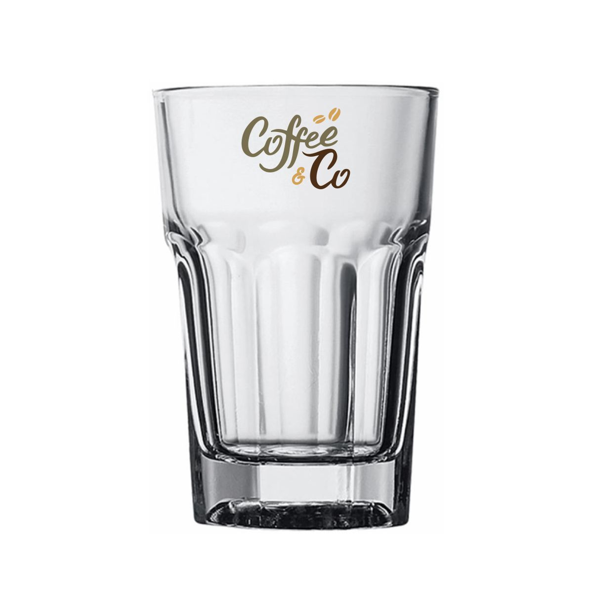 Farbdruck des CoffeeCo-Logos auf der Vorderseite des Casablanca Latte low Glases 29,5 cl.