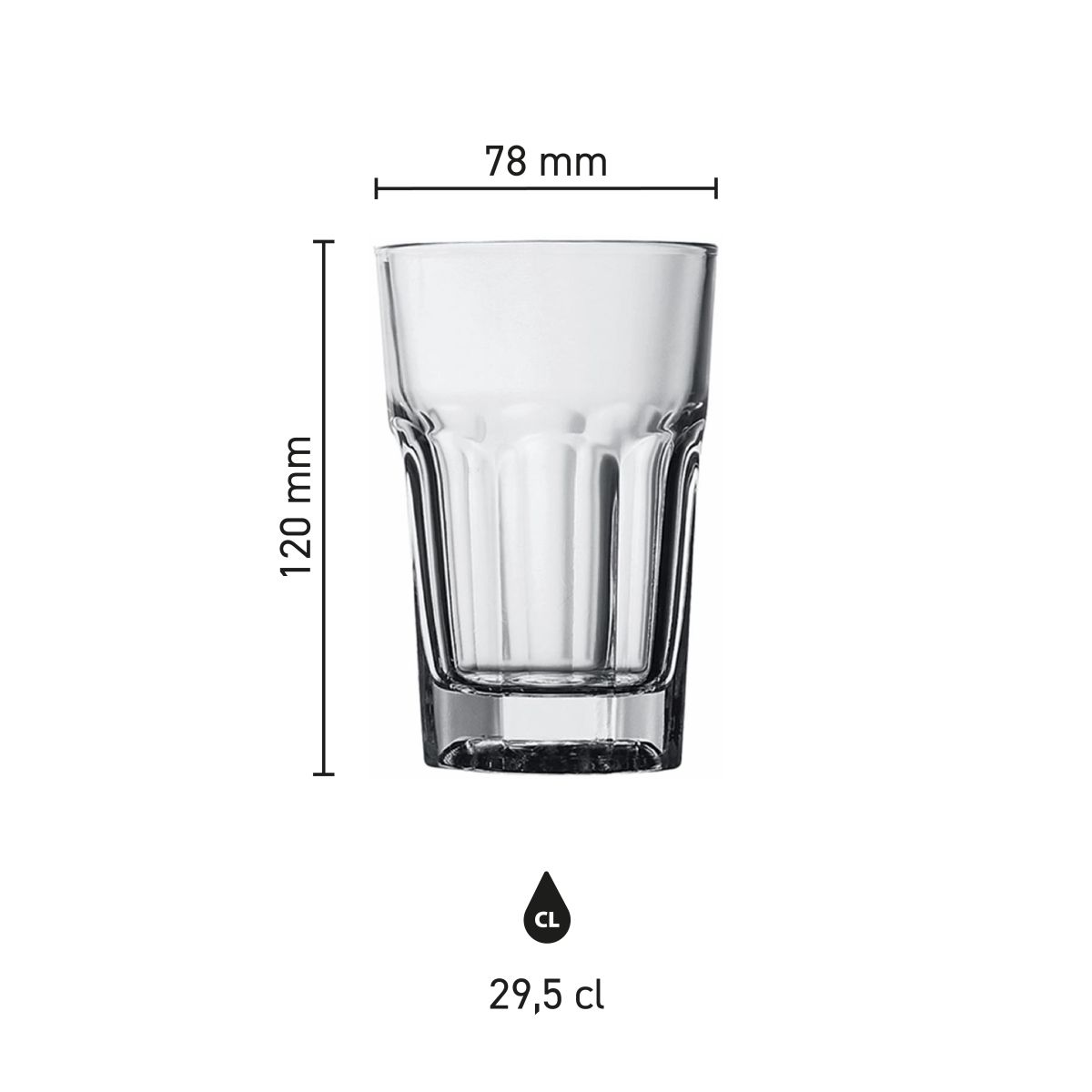 Infografik, die die Produkthöhe und den Inhalt des Glases Casablanca Latte 29,5 cl. von 120 mm zeigt.