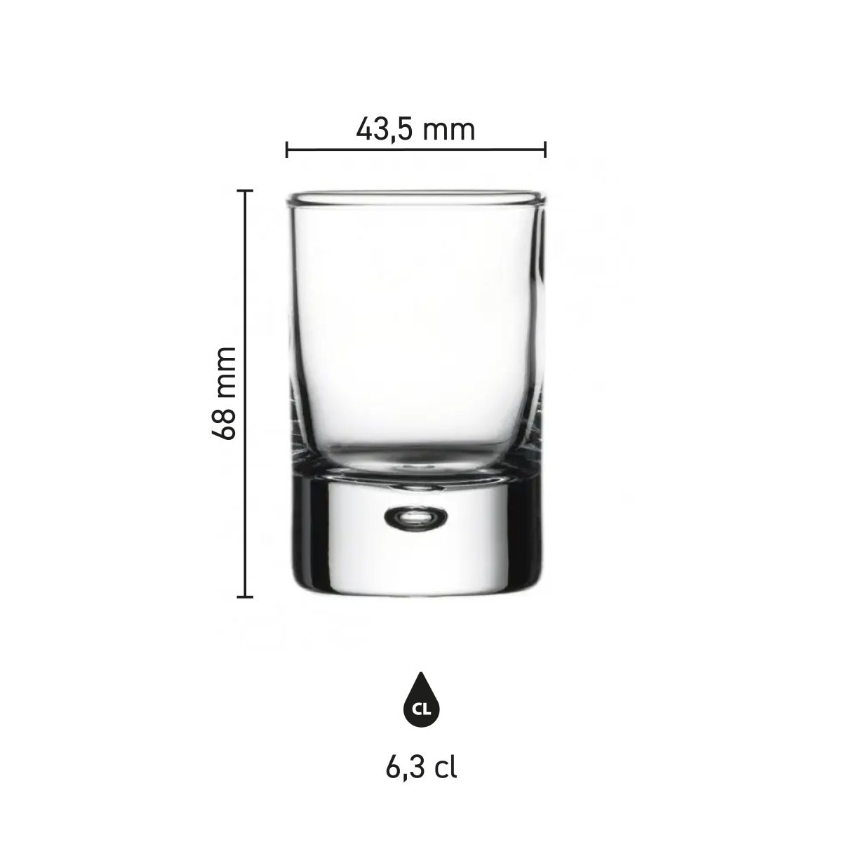 Infografik mit den Abmessungen des Centra Shot 6,3 cl Glases, einschließlich Höhe und Durchmesser.