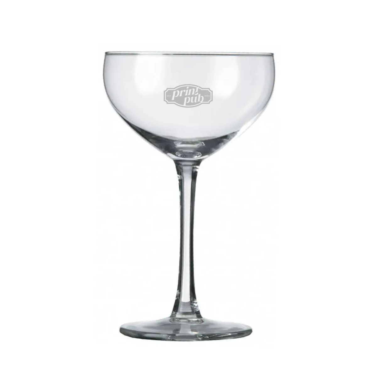 Champagnecoupe Specials 24 cl. mit fein eingraviertem PrintPub-Logo auf der Vorderseite.