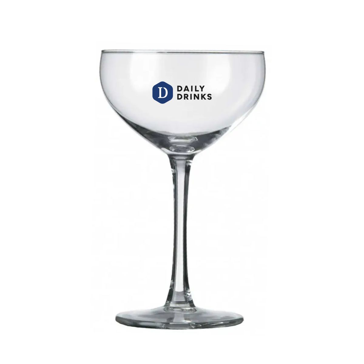 Champagnecoupe Specials 24 cl. mit mehrfarbigem DailyDrinks-Logo auf der Vorderseite des transparenten Glases.