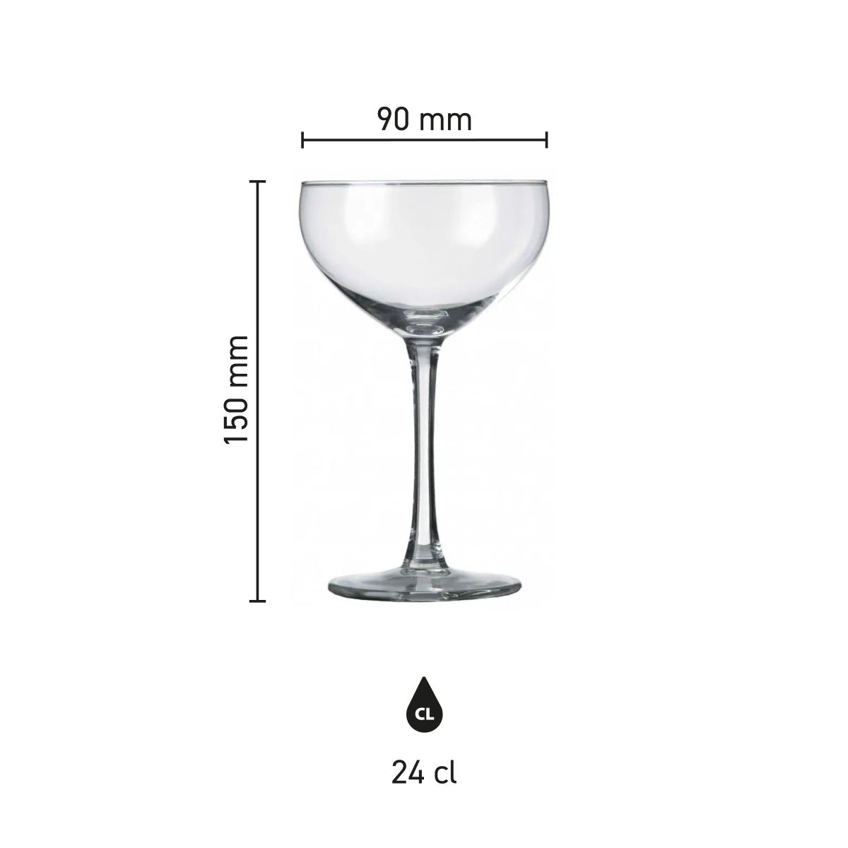 Infografik mit den Abmessungen des Specials 24 cl Sektglases, mit Höhe, Kelchbreite und Fassungsvermögen.