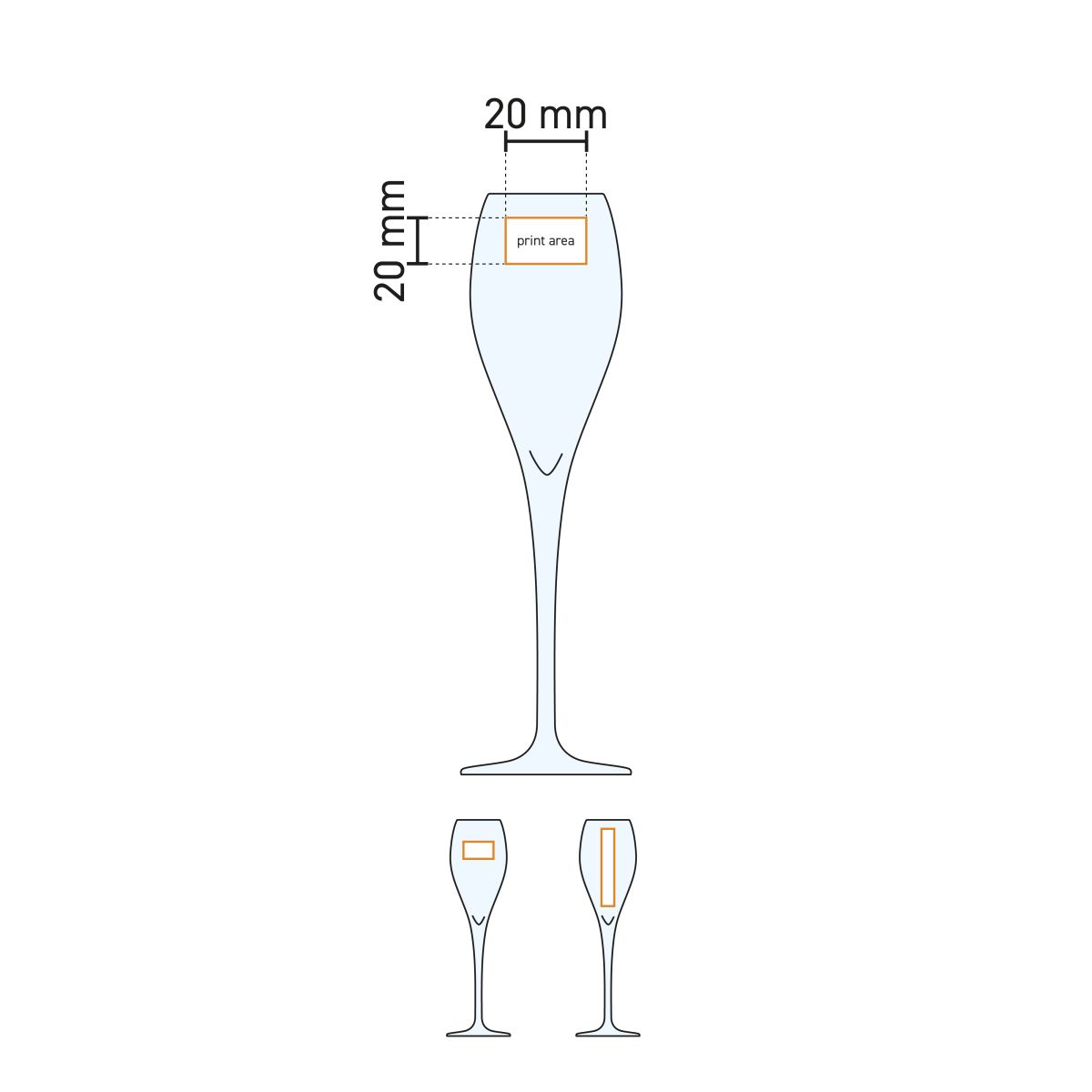 Technische Arbeitszeichnung des Druckbereichs auf dem Monte Carlo Sektglas 22,5 cl.