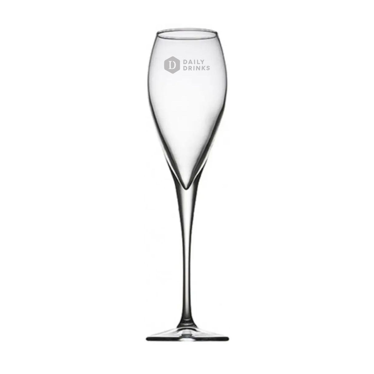 Sektflöte aus Glas von 22,5 cl mit eingraviertem DailyDrinks-Logo auf der Vorderseite.