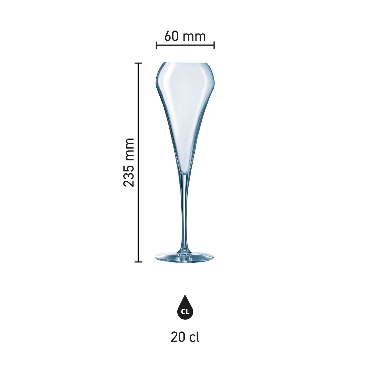 Infografik mit den Produktabmessungen von Chef &amp; Sommelier Open Up Champagnerglas 20 cl, Höhe und Durchmesser markiert.