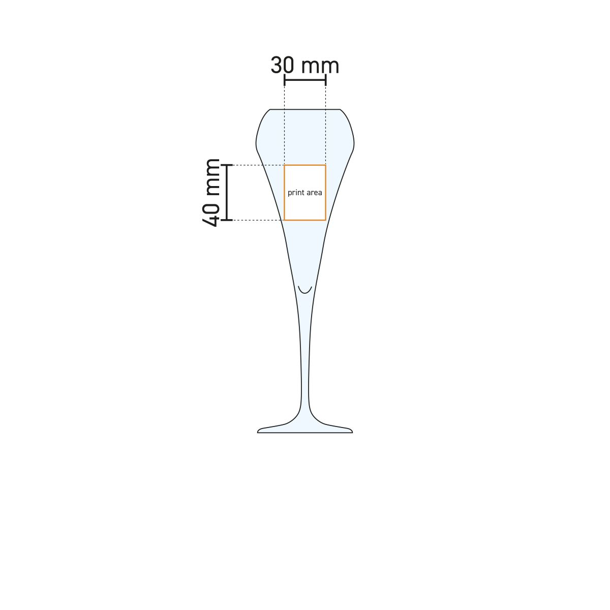 Arbeitszeichnung mit Druckfläche für den Druck auf Chef &amp; Sommelier Open Up Sektglas 20 cl, Kelch und Position.