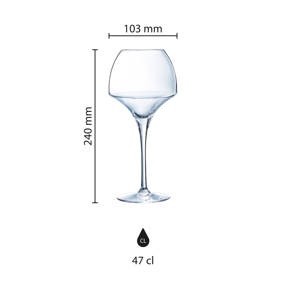 Infografik mit den Produktabmessungen von Chef &amp; Sommelier Open Up Weinglas 47 cl.