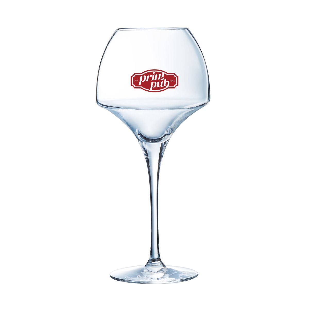 Weinglas 55 cl aus der Serie Open Up mit einfarbigem PrintPub-Logo auf der Vorderseite.