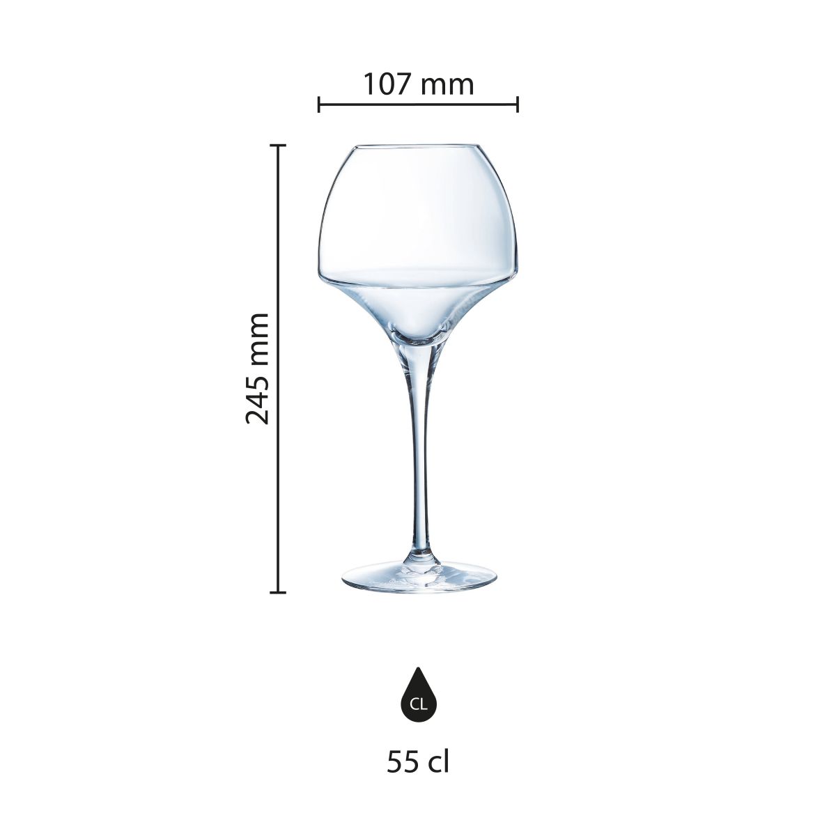 Infografik mit den Produktabmessungen von Sommelier Open Up Weinglas 55 cl.