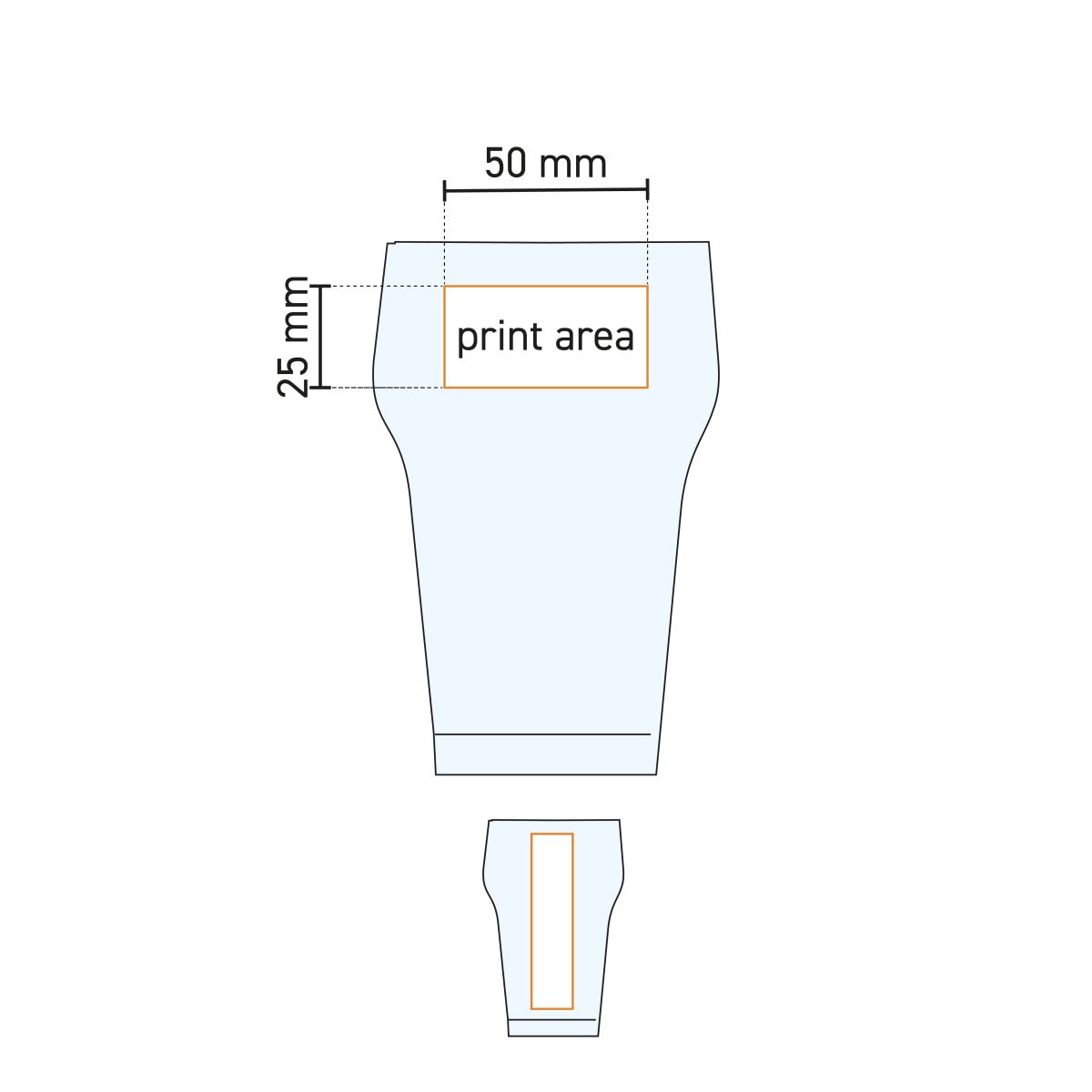 Technische Arbeitszeichnung des 28 cl. Glas mit Angabe der Druckfläche für Logos.
