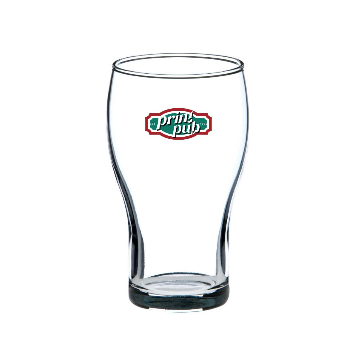 Vorderseite des Cola Groot 28 cl. Glas mit mehrfarbigem PrintPub-Logo auf der Glasoberfläche.