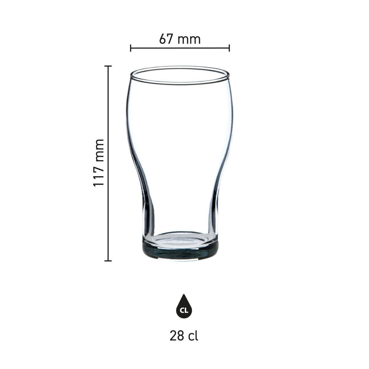 Infografik mit den Abmessungen des Cola Groot 28 cl. Glases, einschließlich Höhe und Durchmesser.