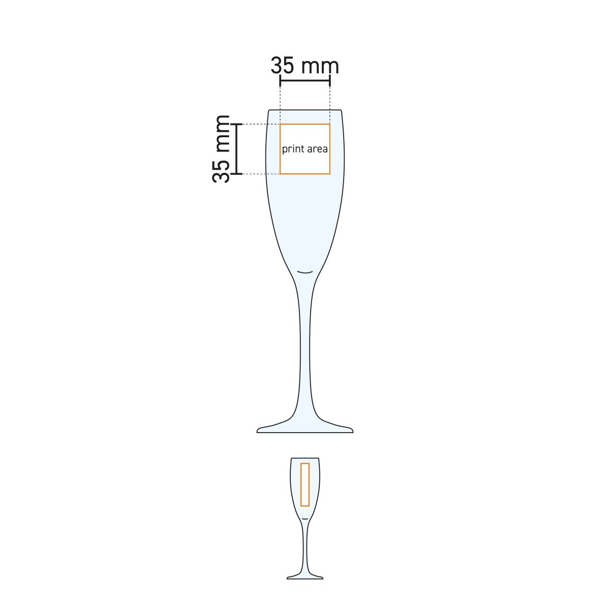 Die technische Arbeitszeichnung zeigt den Druckbereich auf dem Kelch der Cosy Moments Champagnerglas 19 cl.