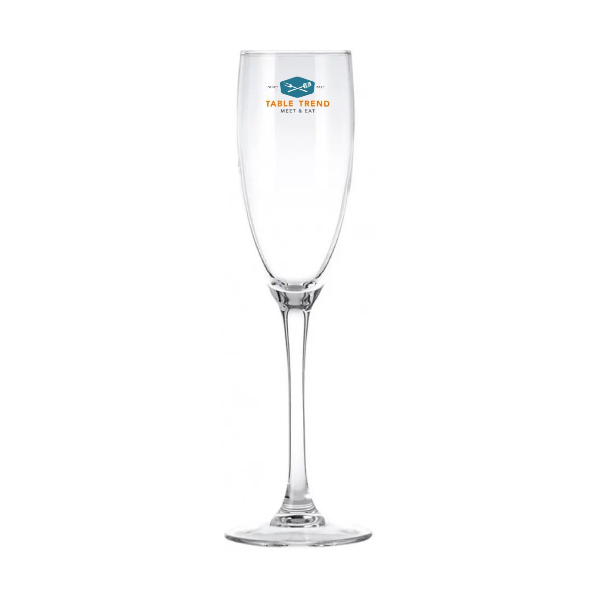 Cosy Moments Champagnerglas 19 cl. bedruckt mit mehrfarbigem TableTrend-Logo, das auf der Oberseite sichtbar ist.