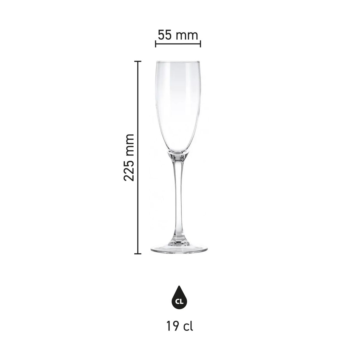 Infografik mit den Abmessungen der Cosy Moments Champagnerglas 19 cl. einschließlich Höhe und Fassungsvermögen.