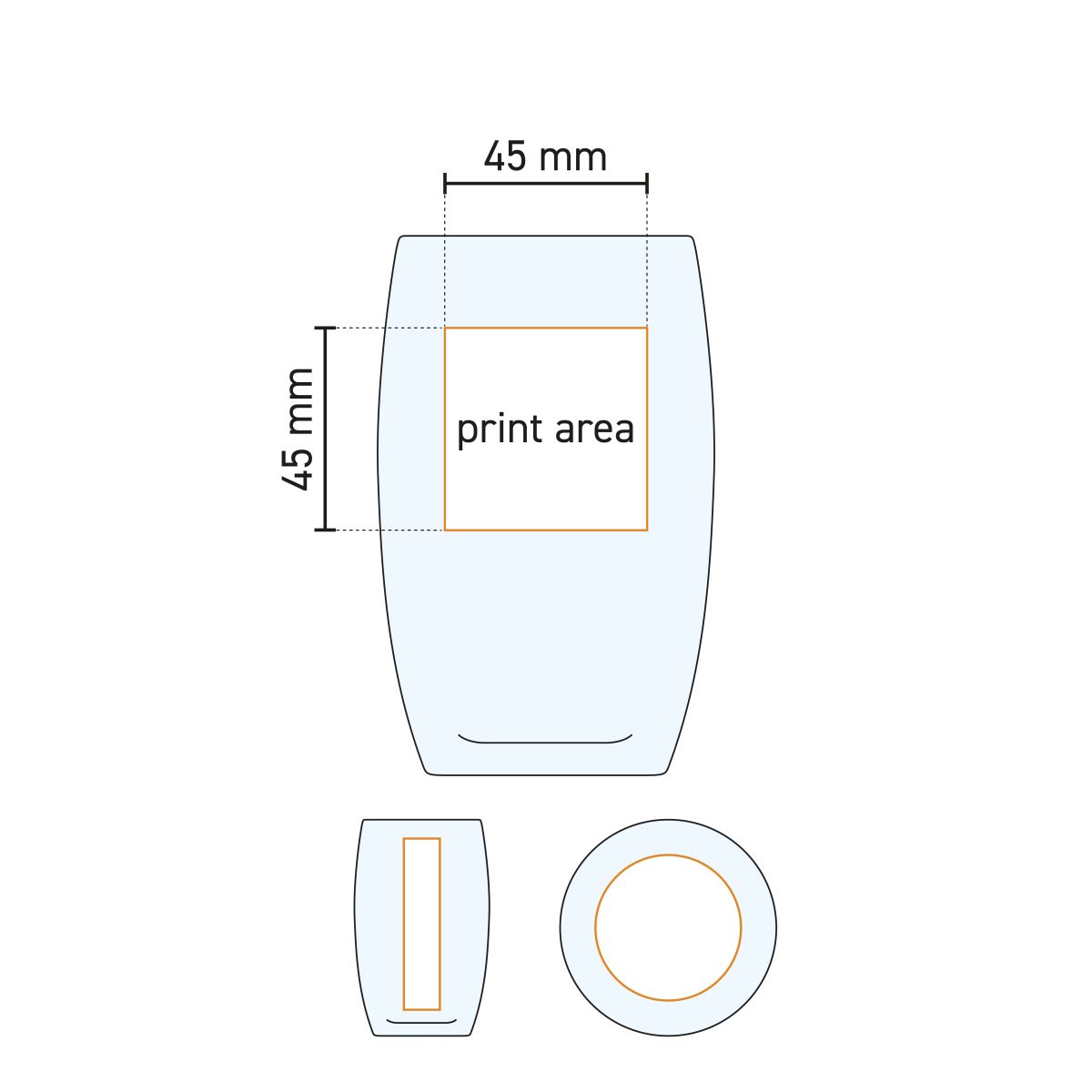 Technische Arbeitszeichnung des Druckbereichs auf dem Cosy Moments Tumbler hoch 36 cl.