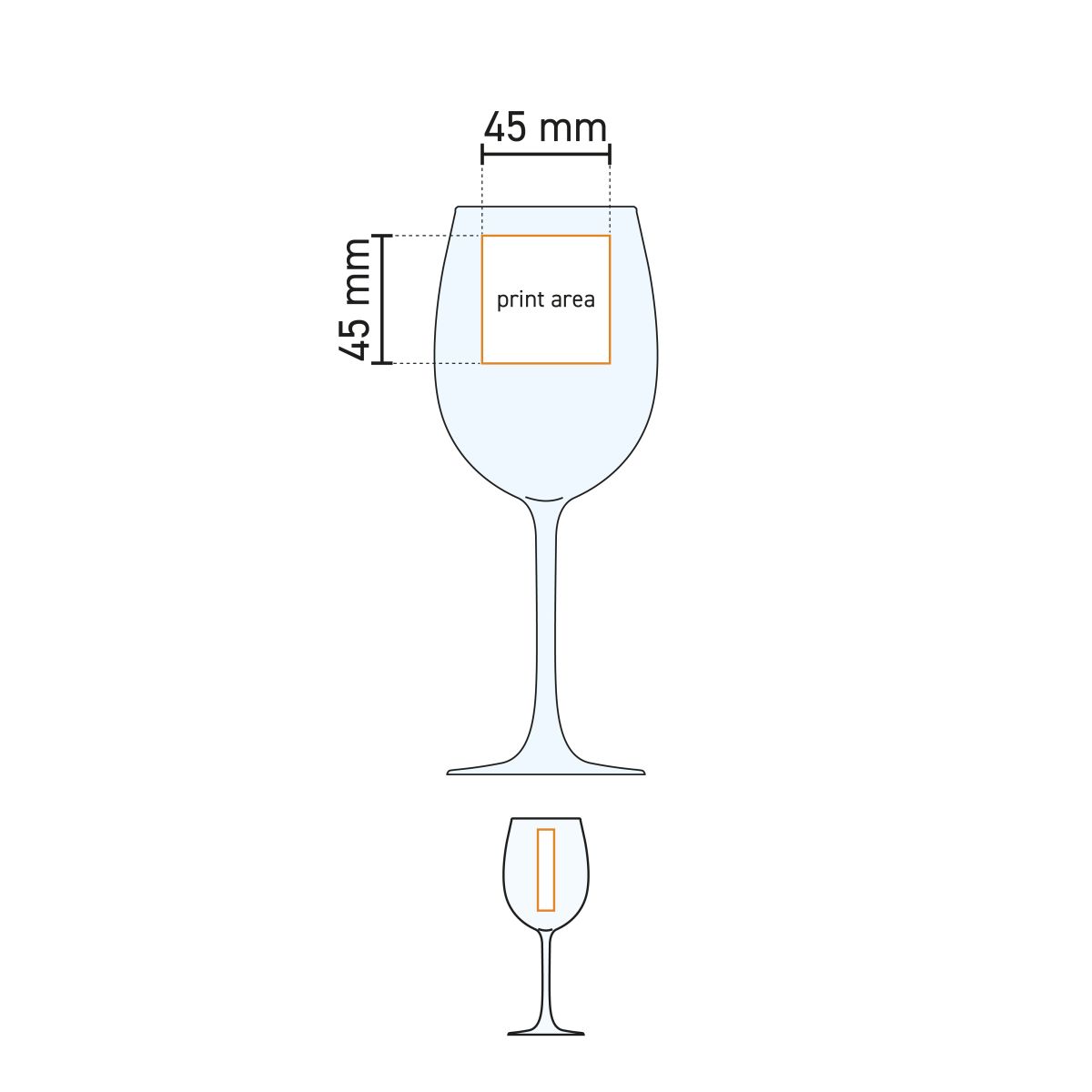 Technische Arbeitszeichnung der Druckfläche auf dem Weinglas Cosy Moments 35 cl. mit Logopositionierung.